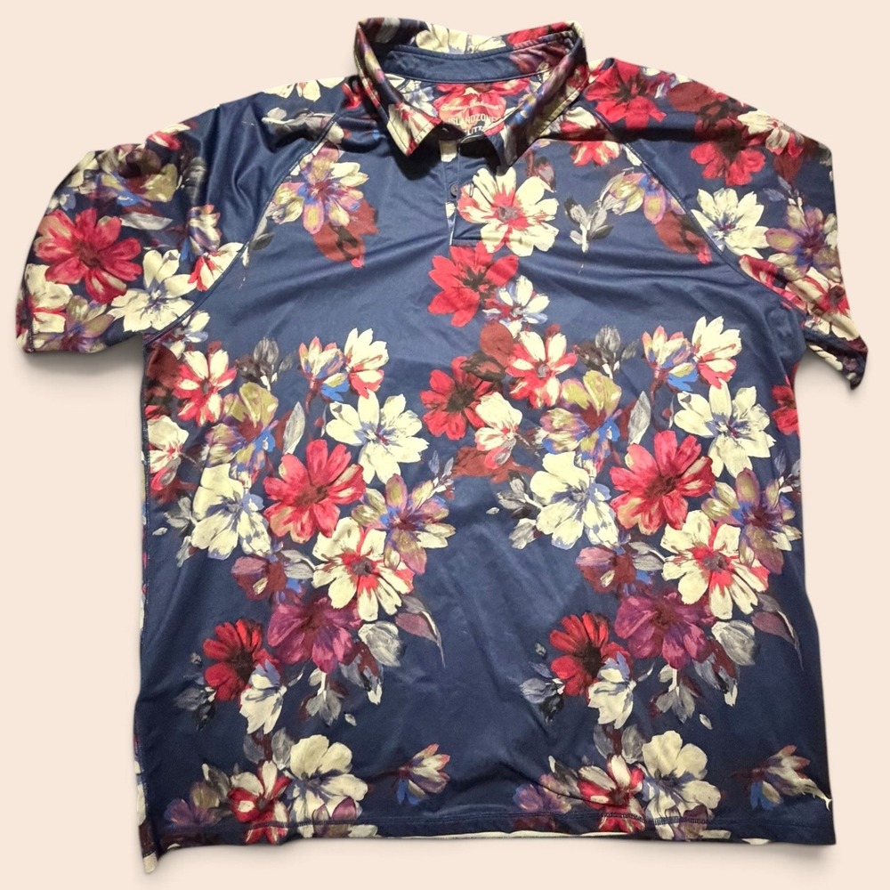 Tommy Bahama IslandZone Mens XXL Floral Polo Shirt Navy Blue UPF 30 Short Sleeve